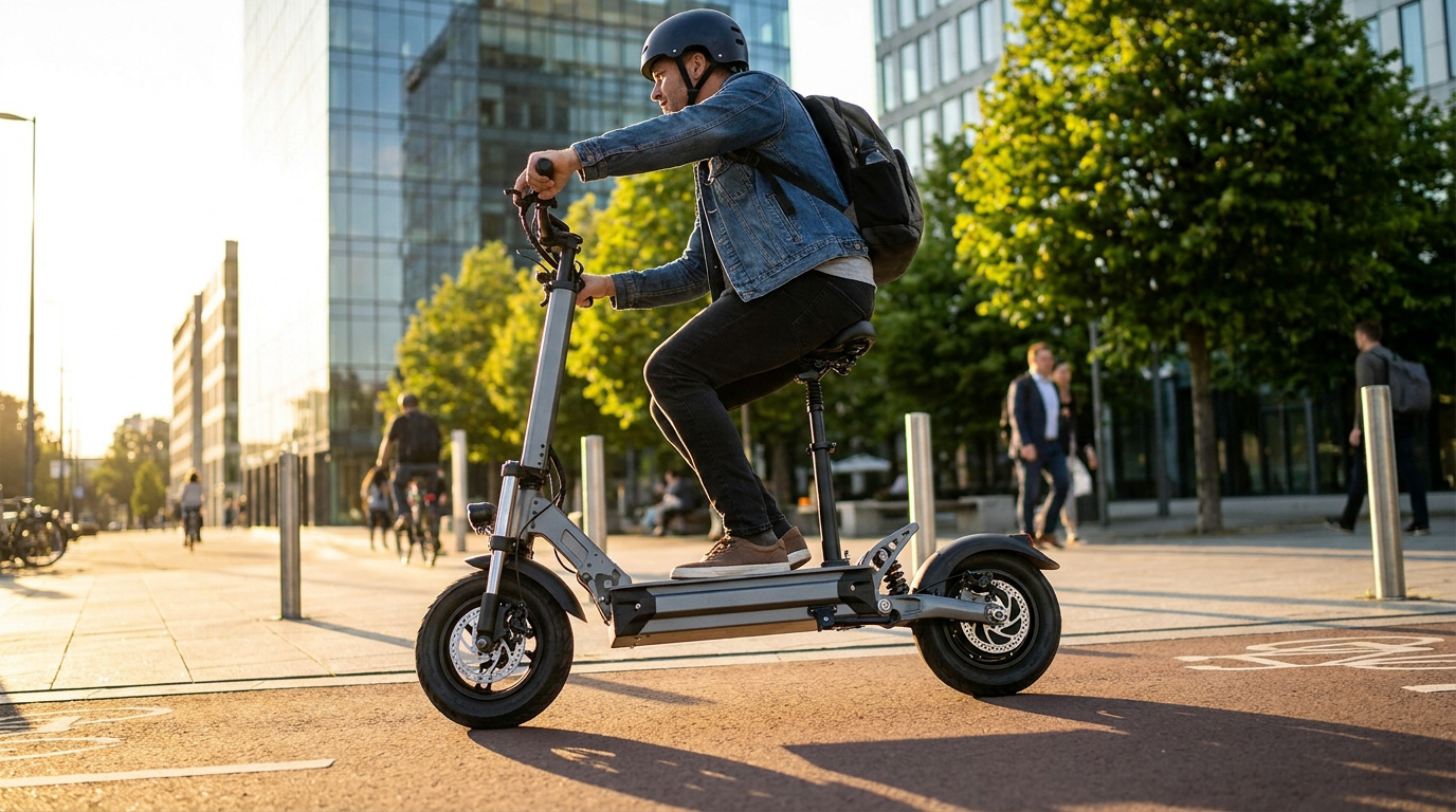 Homme portant un casque sur une trottinette électrique avec selle dans une rue urbaine ensoleillée.