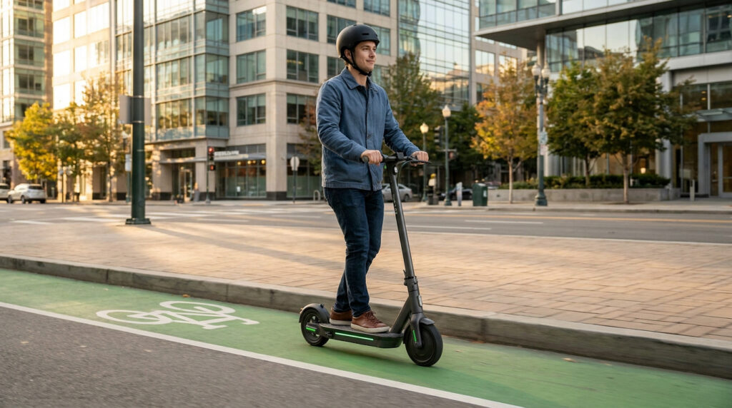 Un homme portant un casque circule en trottinette électrique sur une piste cyclable aménagée en ville.