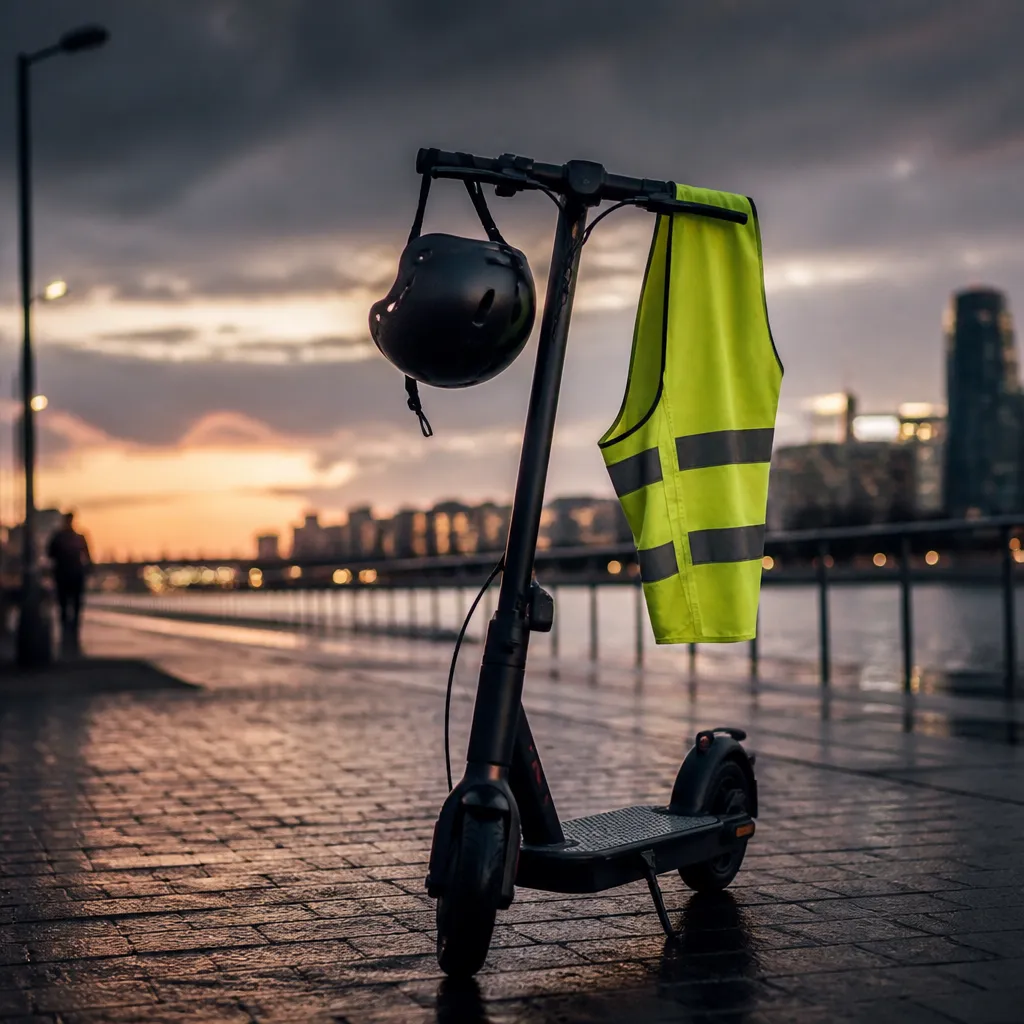 Casque et gilet rétro-réfléchissant posés sur le guidon d'une trottinette