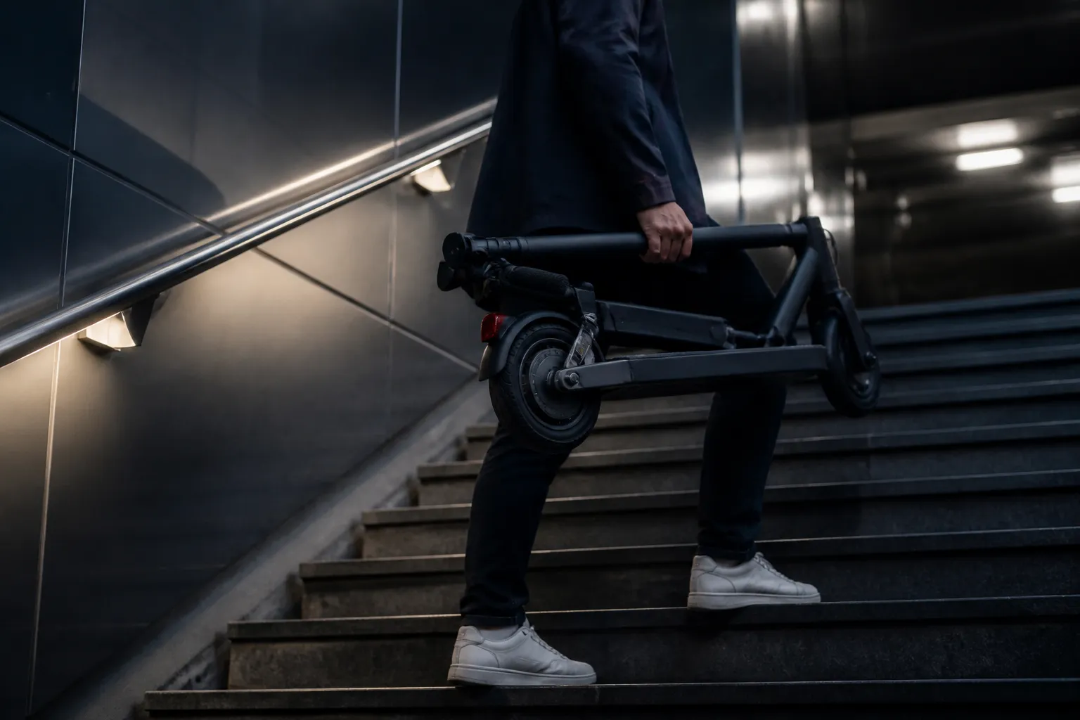 Trottinette électrique citadine légère pliée, portée dans un escalier de métro