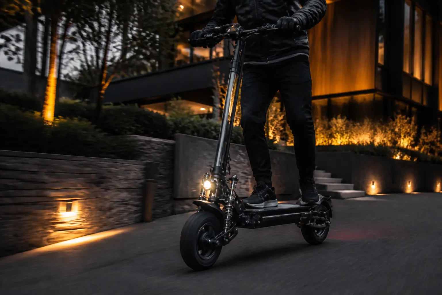 Trottinette électrique performante à double suspension sur voie privée