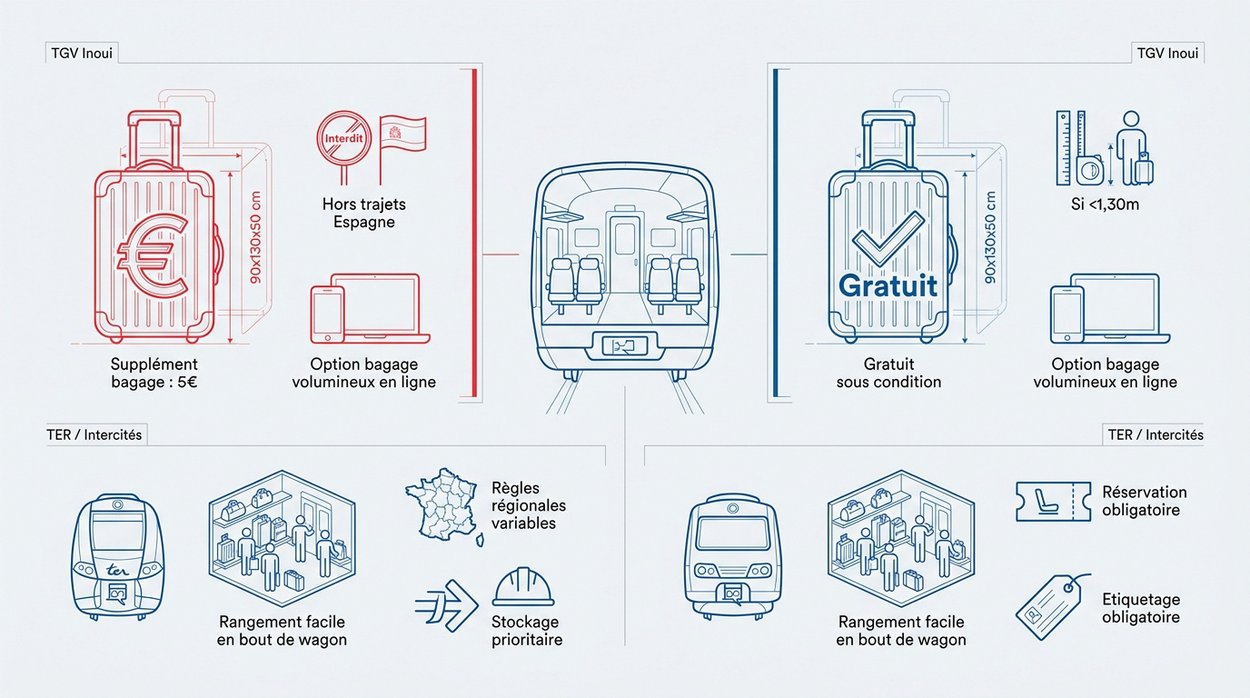 Comparatif des dimensions et tarifs bagages entre TGV Inoui, Ouigo et TER