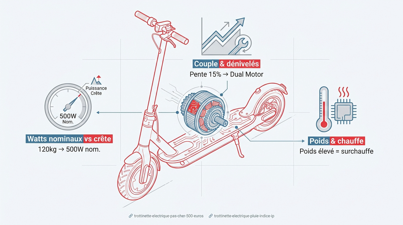 Schéma expliquant la puissance nominale et de crête d'un moteur de trottinette électrique