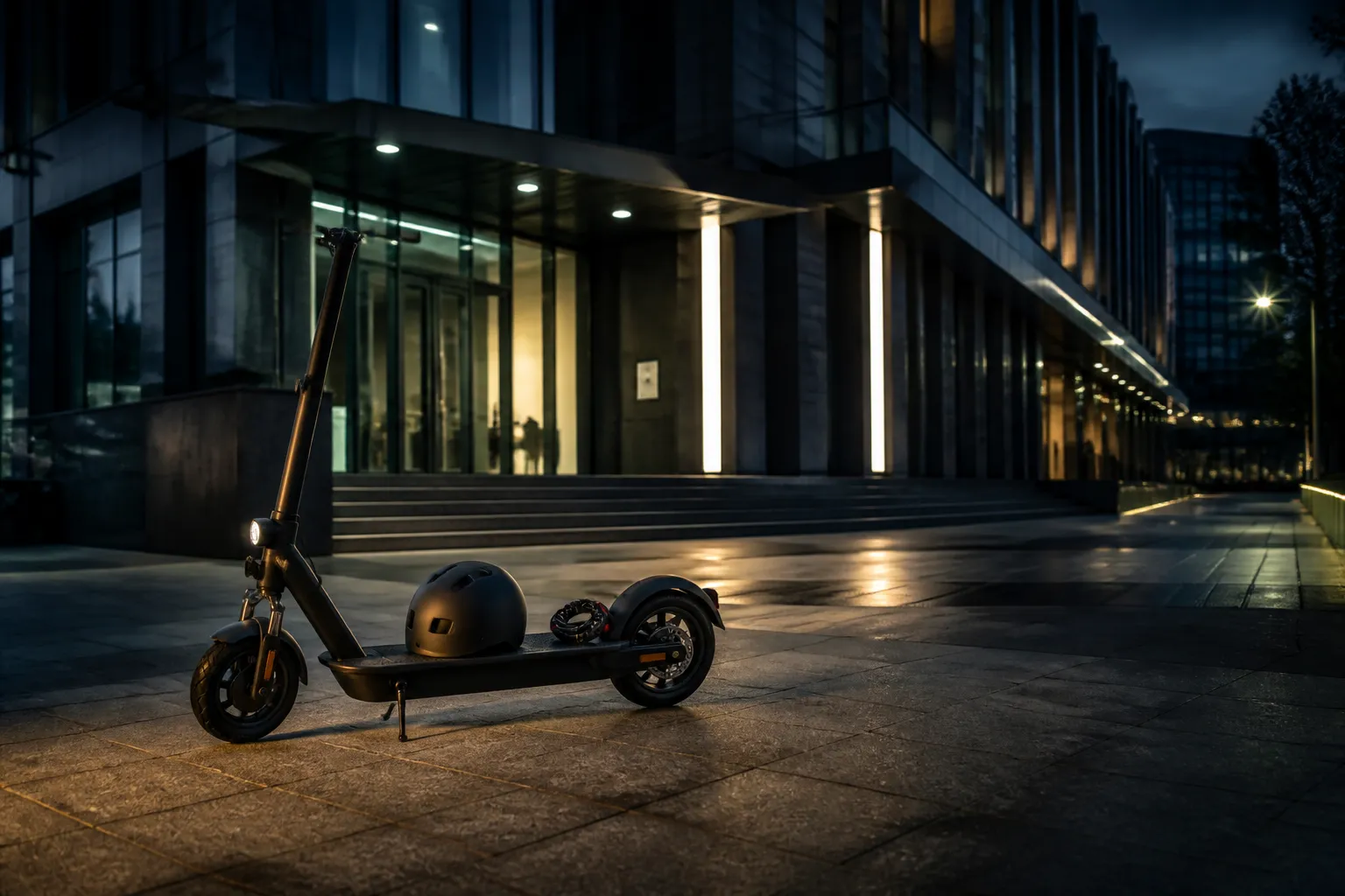 Réglementation trottinette électrique : trottinette stationnée avec casque et antivol