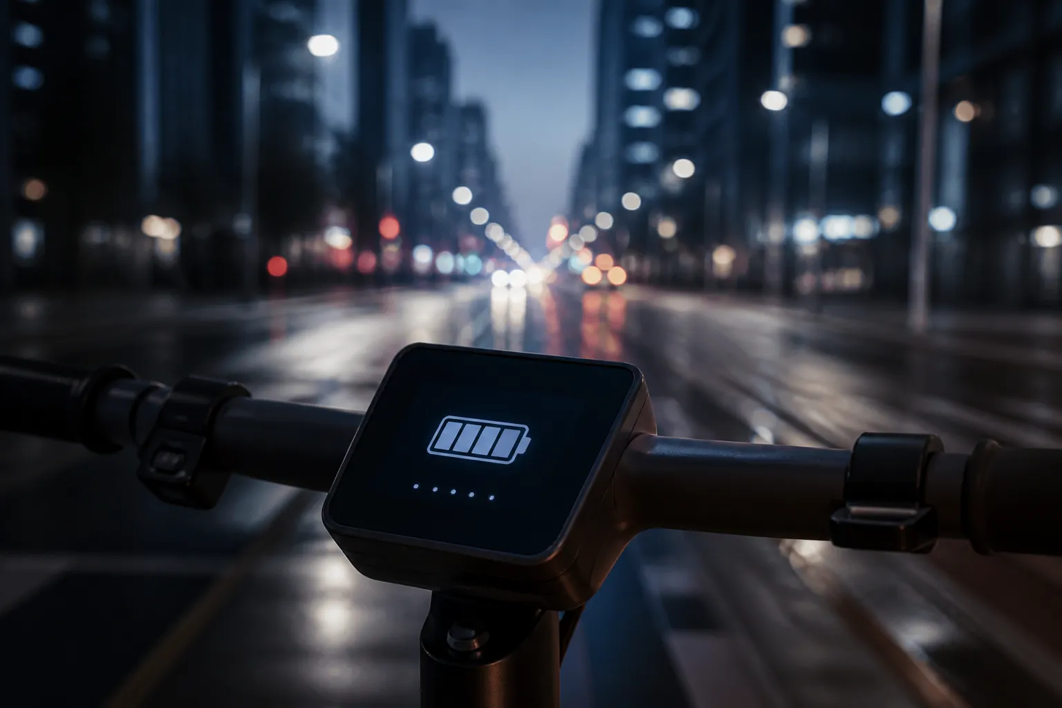 Autonomie trottinette électrique : écran affichant la jauge de batterie en pleine ville