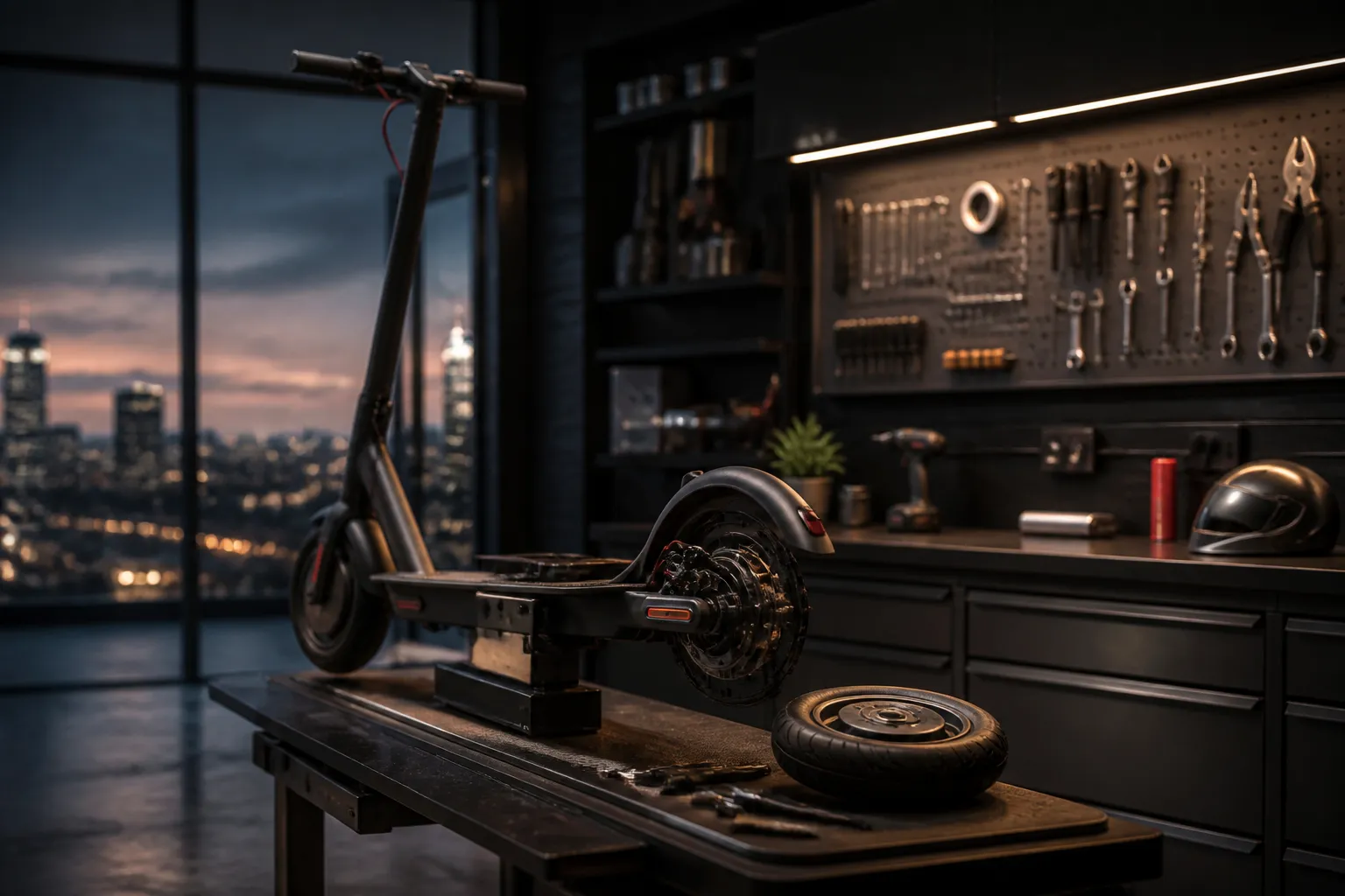 Réparation trottinette électrique : machine sur pied d'atelier avec roue démontée et outils