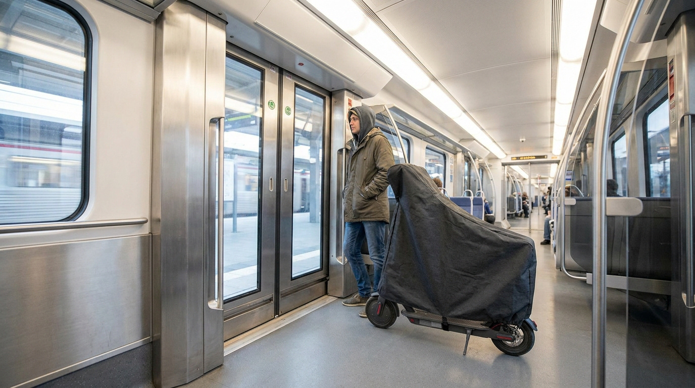 Un voyageur debout dans un train avec sa trottinette électrique recouverte d'une housse de protection noire.