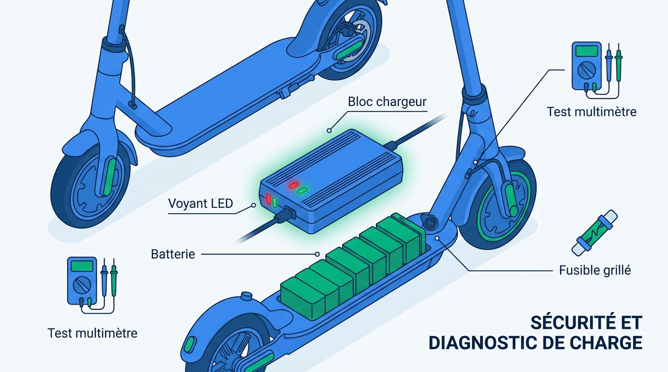 Diagnostic technique d'une batterie de trottinette électrique avec multimètre et chargeur
