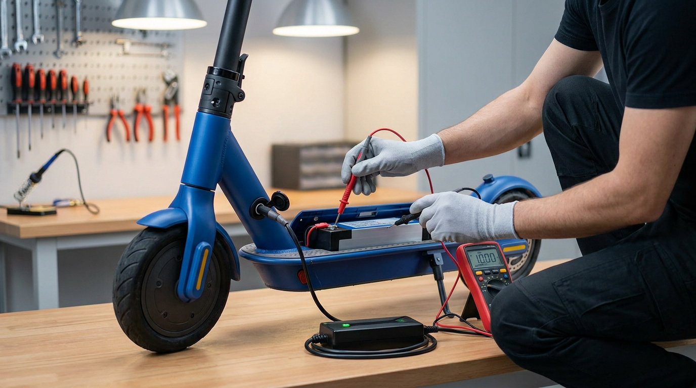 Un technicien teste la tension d'une batterie de trottinette électrique bleue avec un multimètre dans un atelier.