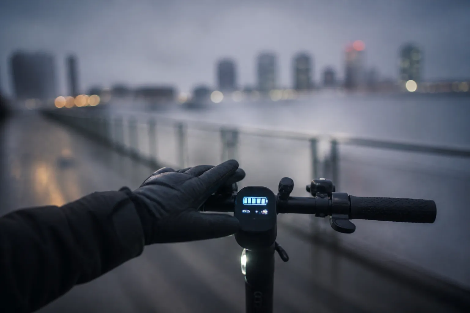 Écran de jauge batterie d'une trottinette avec gants d'hiver posés sur le guidon