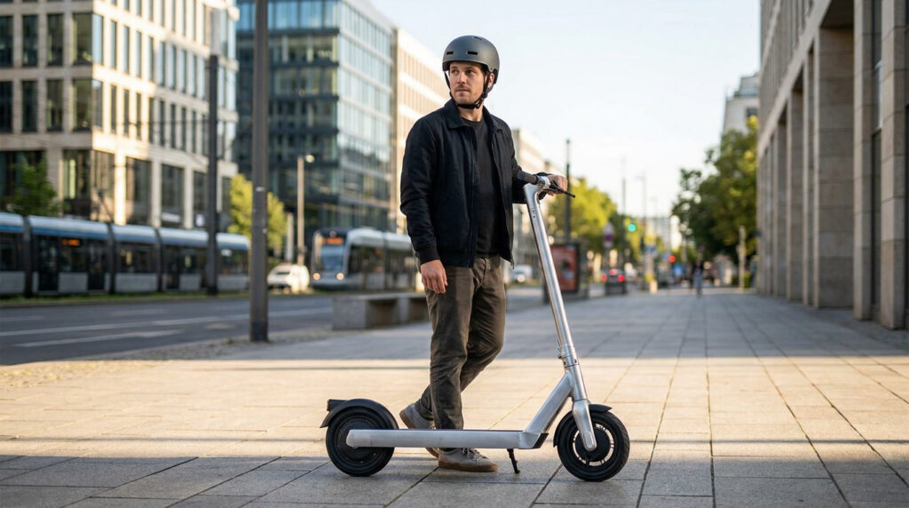 Un homme en tenue décontractée portant un casque sur une trottinette électrique dans une rue urbaine.