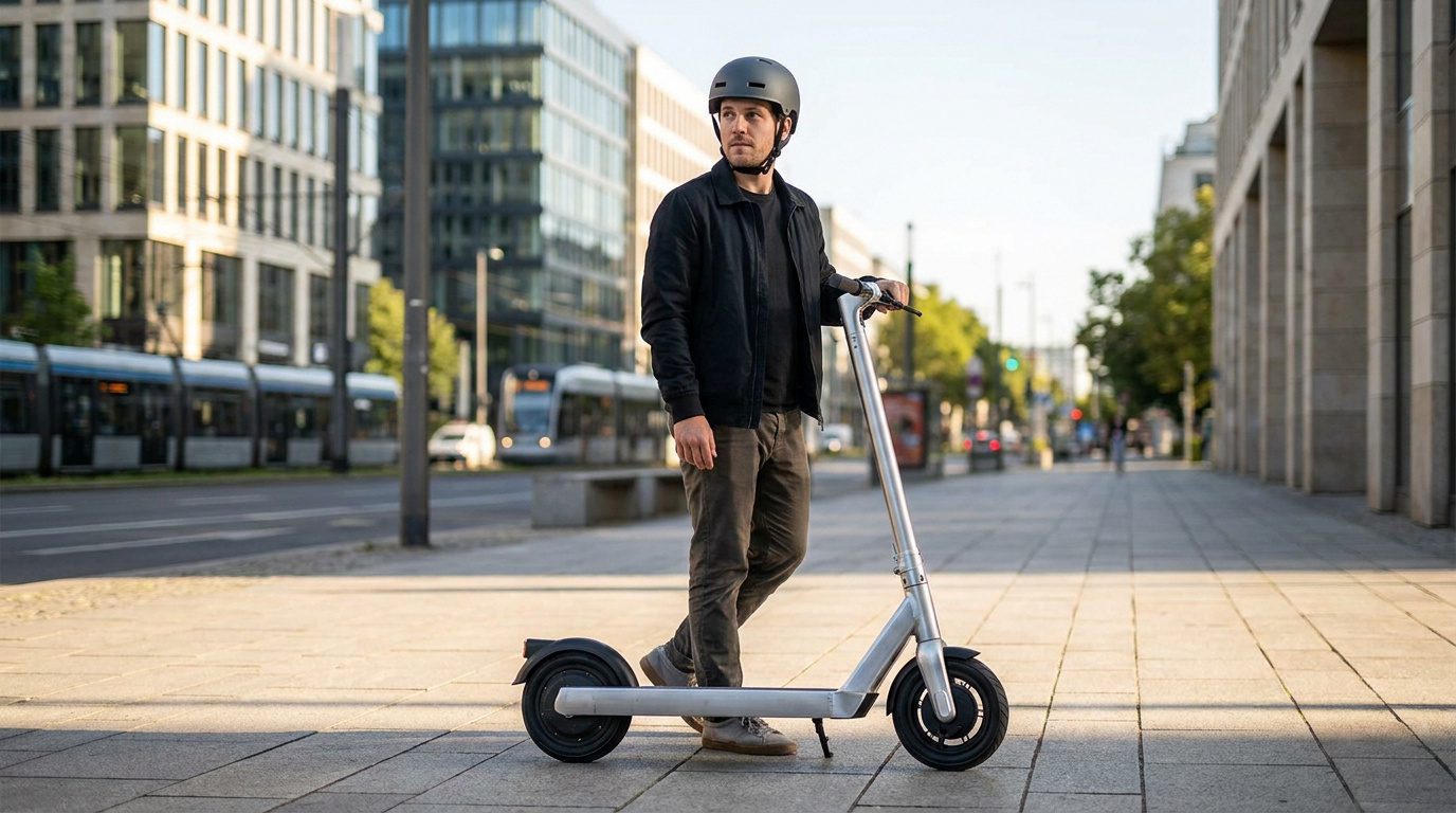 Un homme en tenue décontractée portant un casque sur une trottinette électrique dans une rue urbaine.