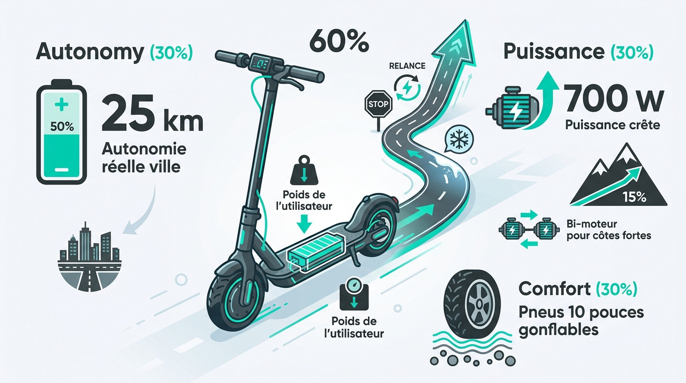 Infographie sur les performances réelles d'une trottinette électrique en ville