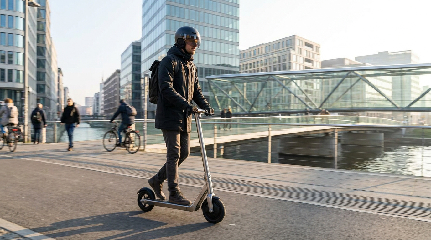 Un homme en tenue urbaine et casque circule en trottinette électrique sur un pont moderne en ville.