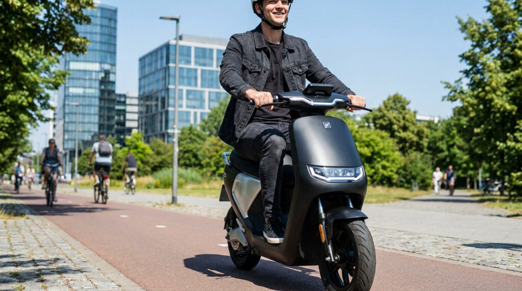 Jeune homme souriant conduisant un scooter électrique noir sur une piste cyclable urbaine en journée.