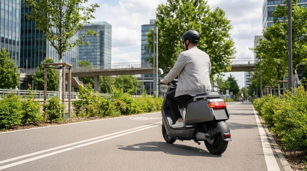 Homme en casque sur une trottinette électrique grise roulant sur une piste cyclable en ville par une journée ensoleillée.