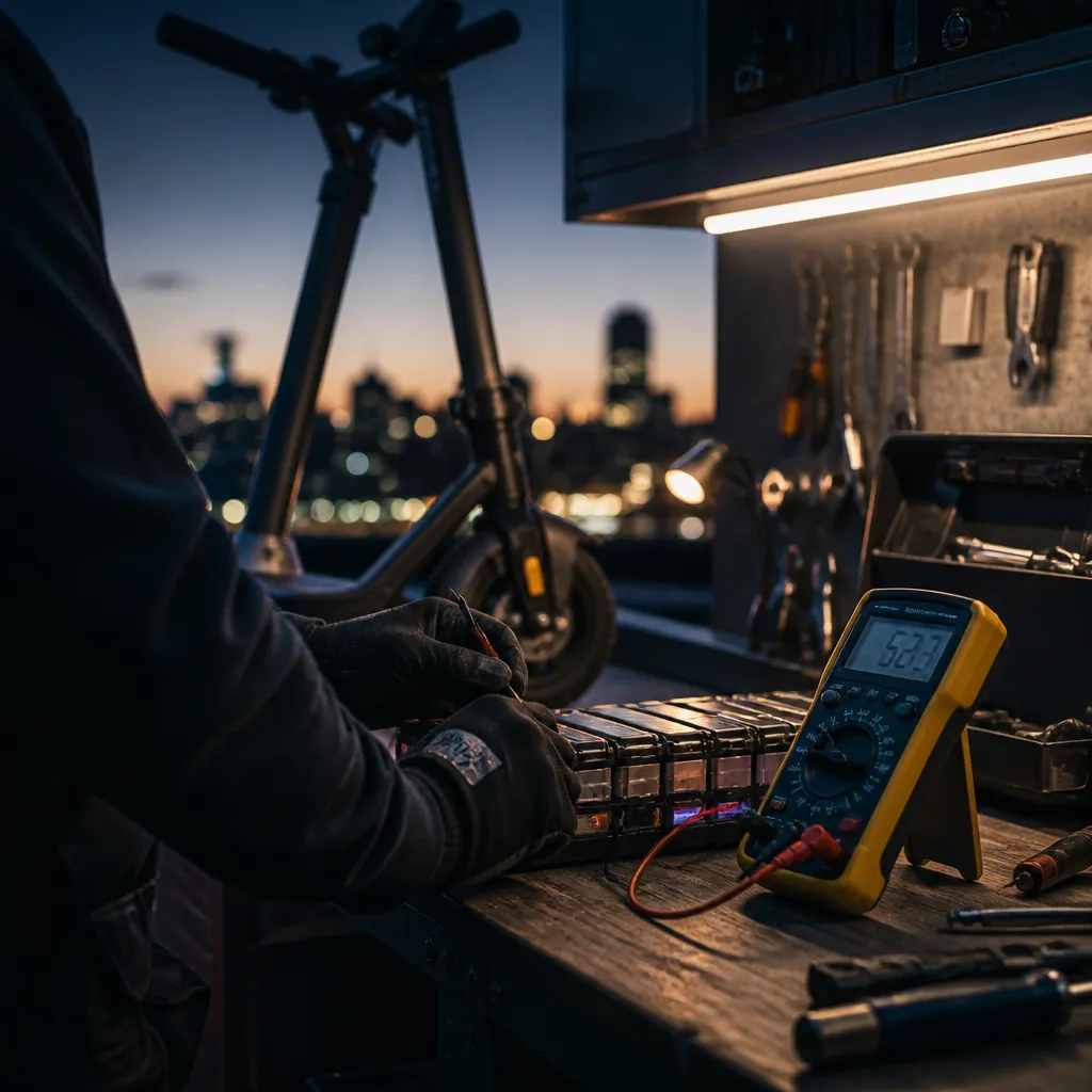 Multimètre mesurant la tension d'une batterie de trottinette électrique