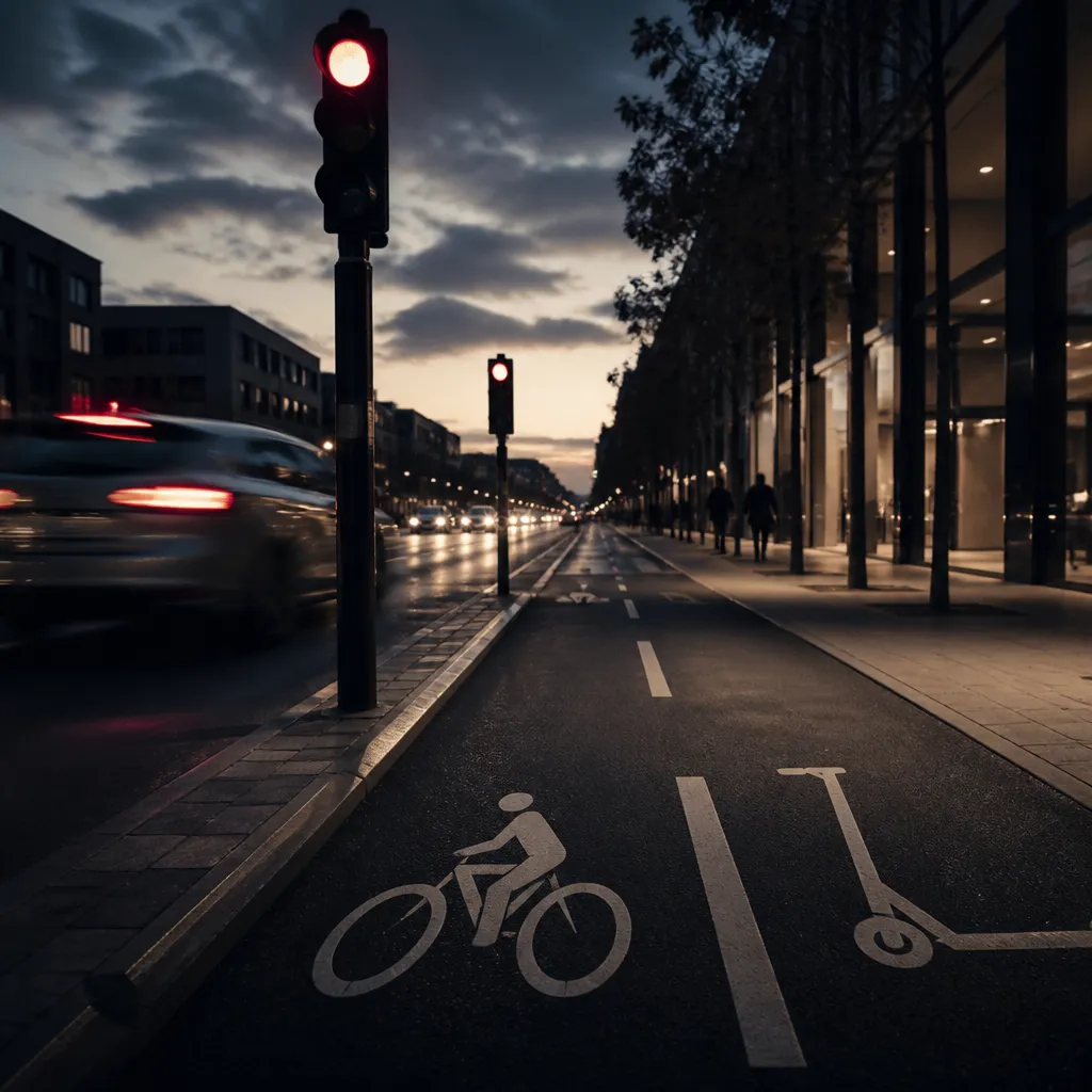 Piste cyclable urbaine avec marquage au sol et feu tricolore