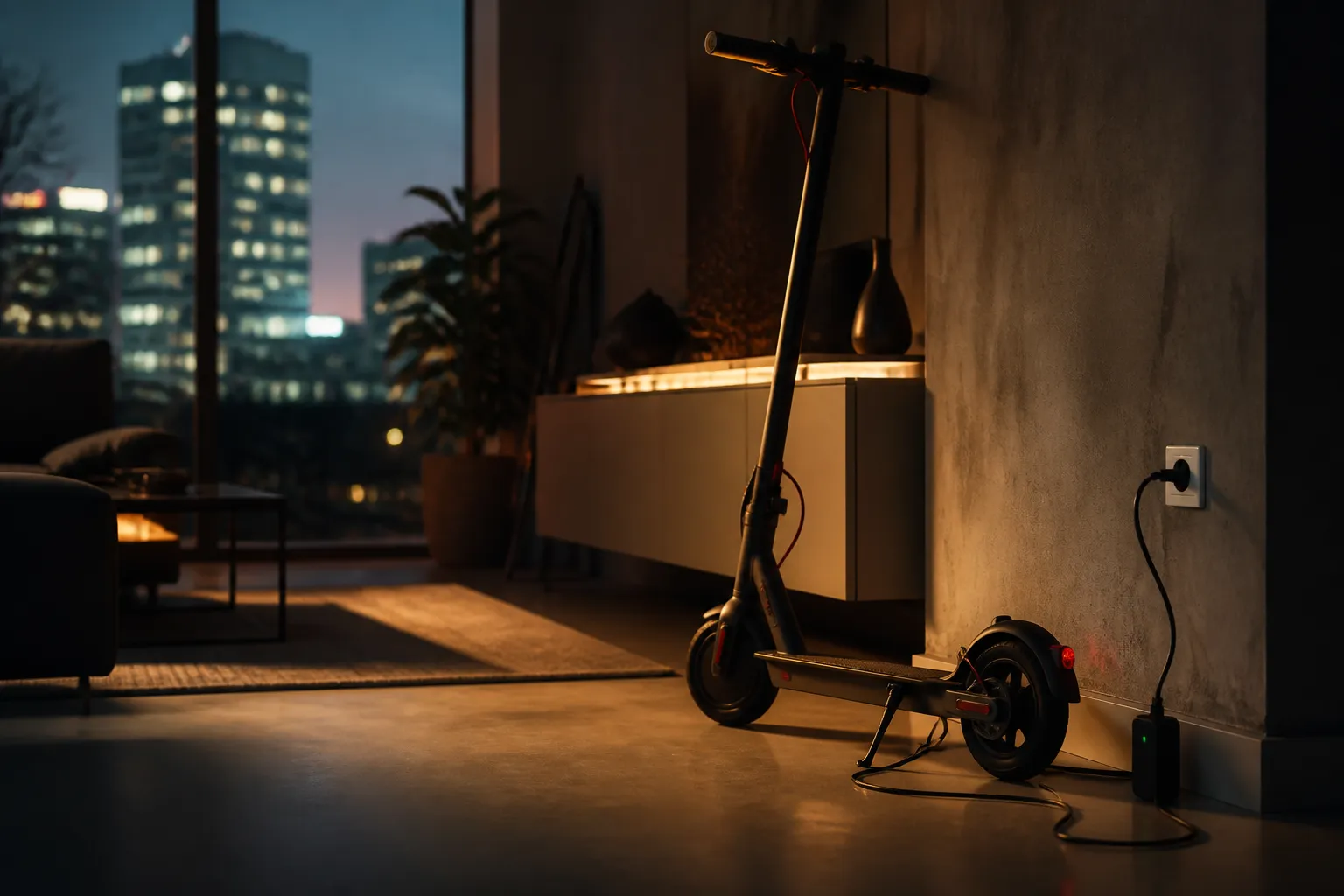 Trottinette électrique en charge à l'intérieur, diode de charge allumée