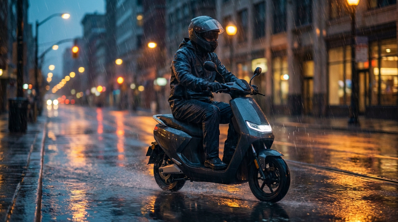 Un utilisateur en casque roule sur une trottinette électrique sous une pluie battante dans une rue urbaine.