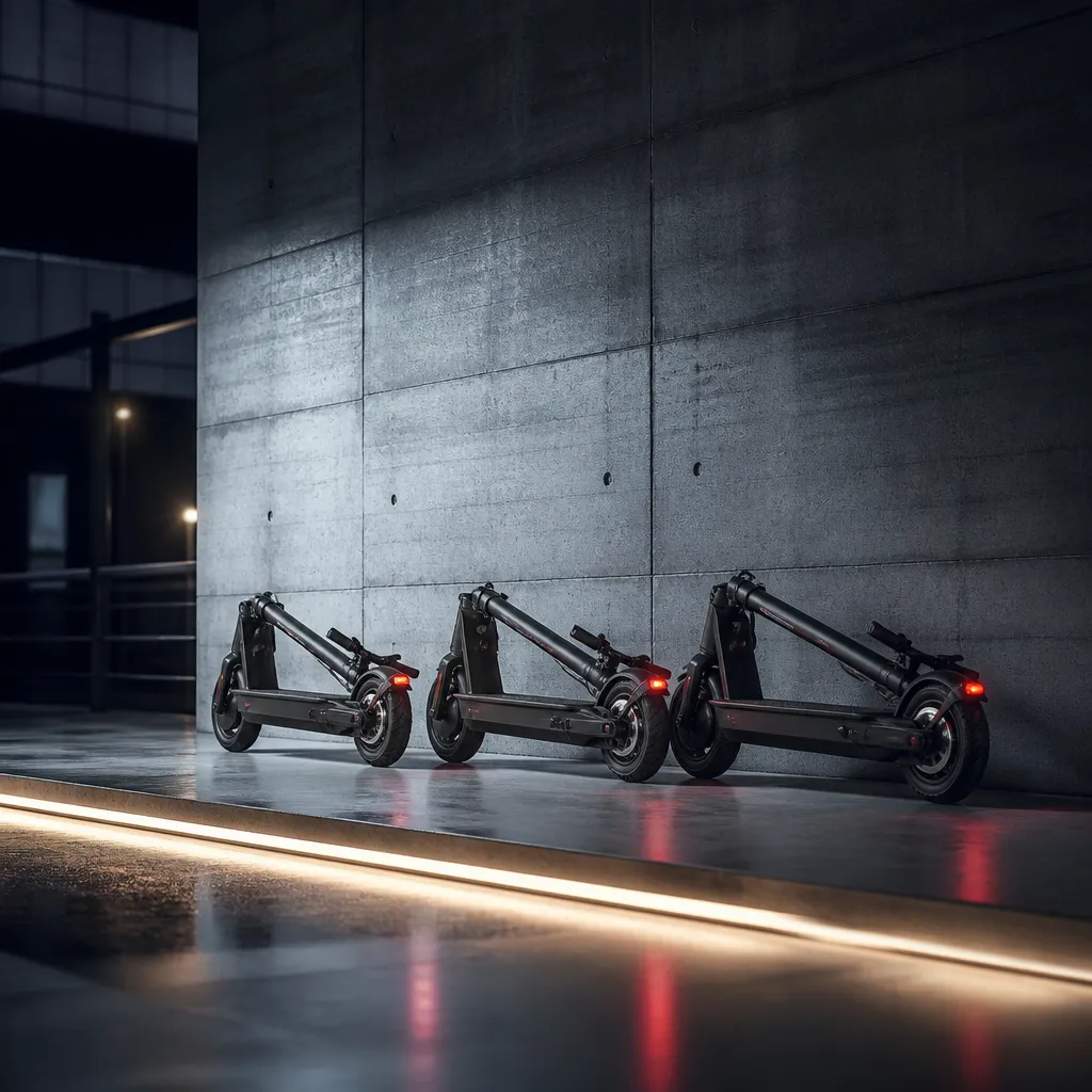 Trois trottinettes électriques alignées contre un mur de béton