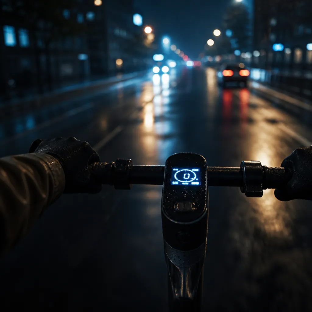 Guidon de trottinette électrique sous la pluie avec écran d'autonomie