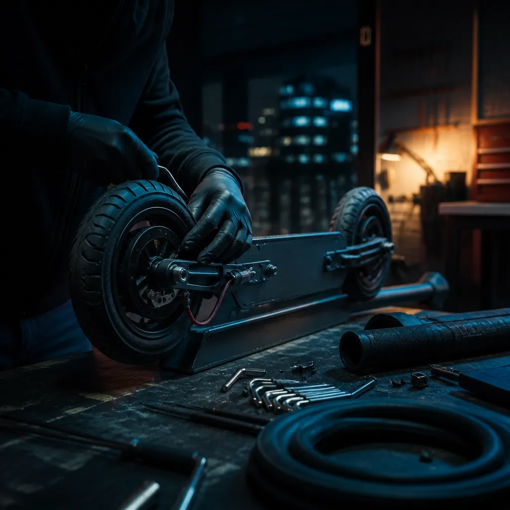 Trottinette électrique en réparation sur un établi avec outils