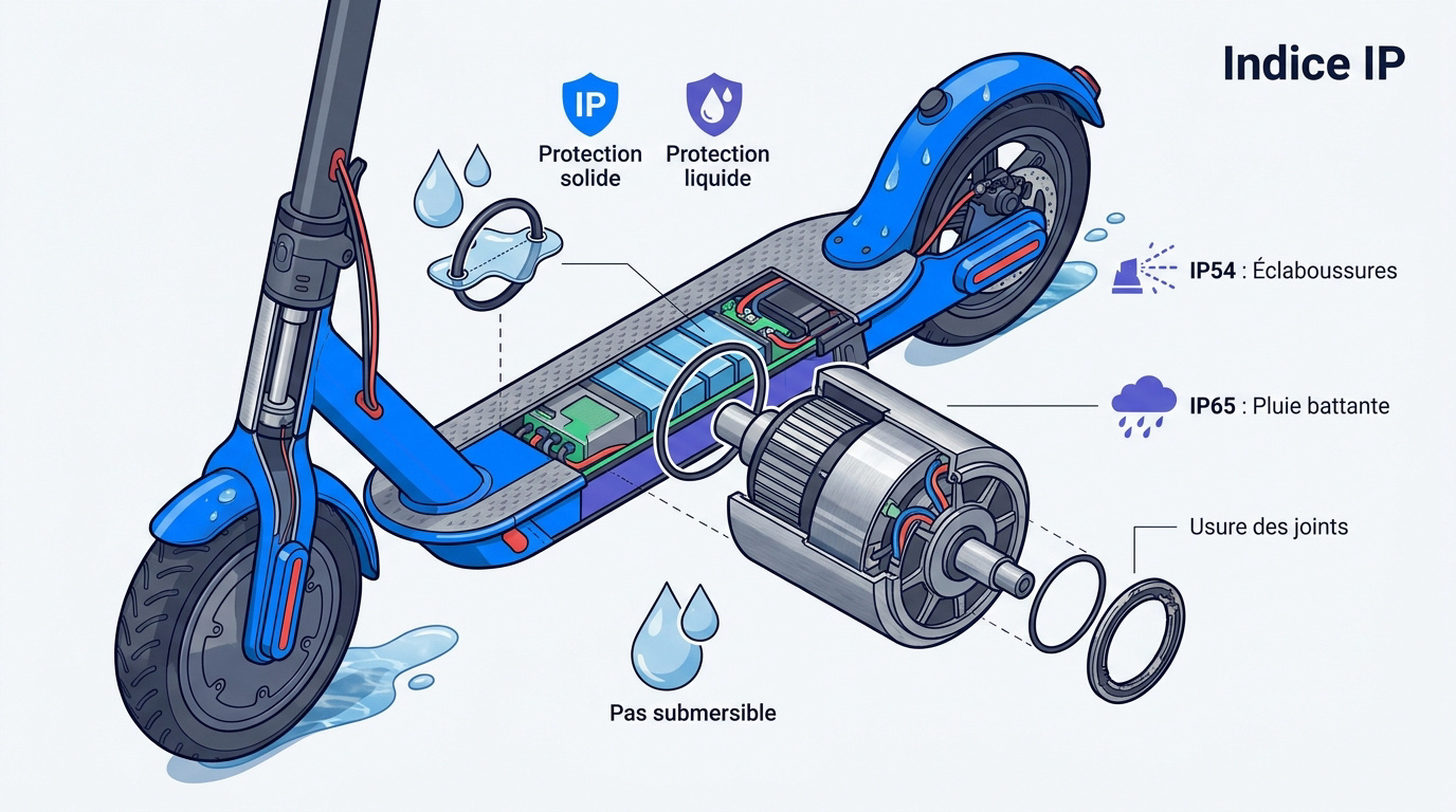 gros plan sur le deck d'une trottinette électrique sous la pluie montrant des gouttes d'eau