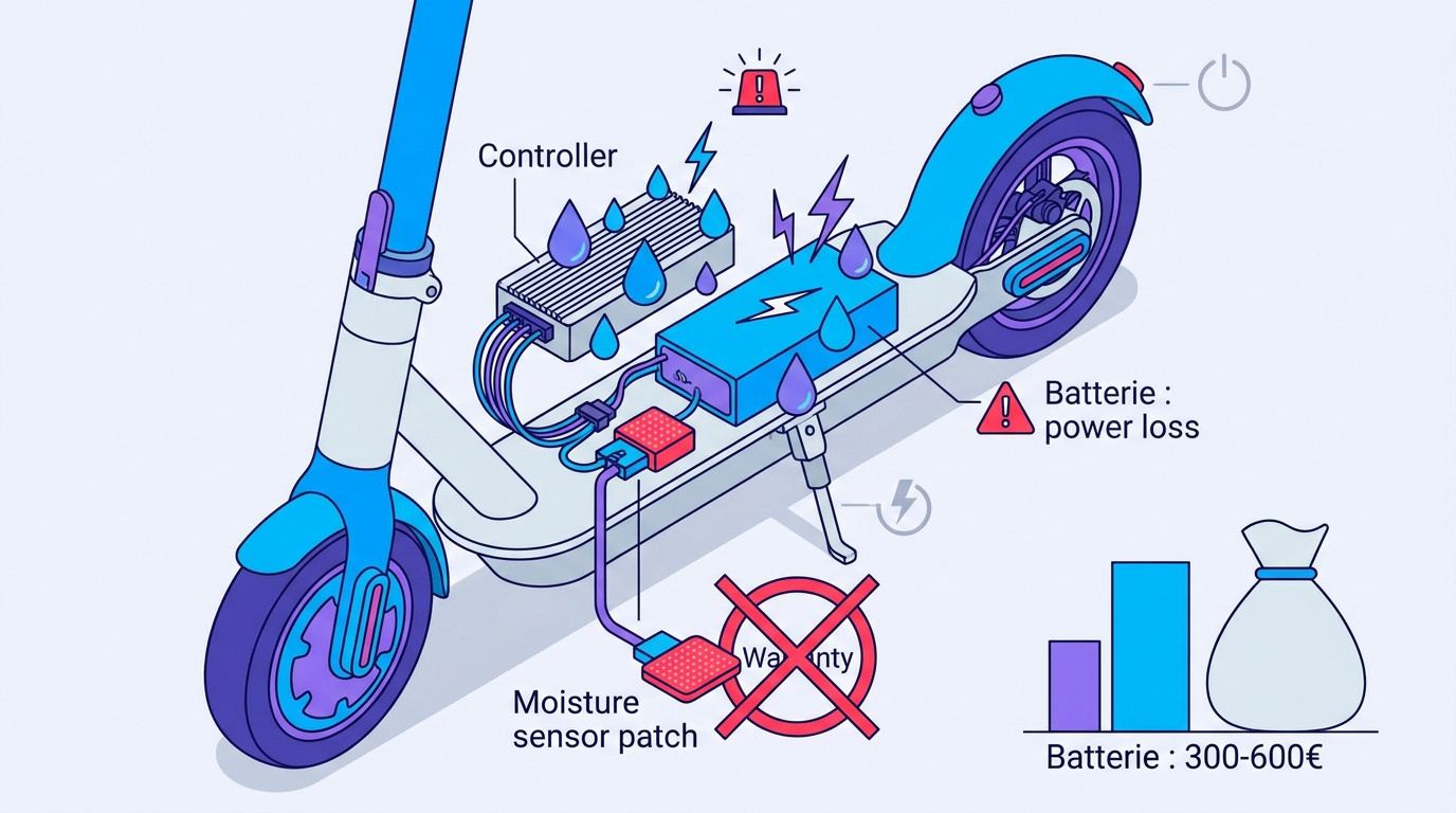 Composants électroniques d'une trottinette électrique endommagés par l'oxydation et l'humidité