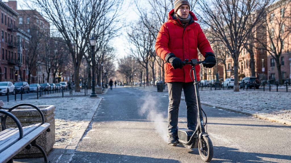 Un homme en manteau rouge circule en trottinette électrique sur une allée urbaine givrée par une matinée d'hiver ensoleillée.