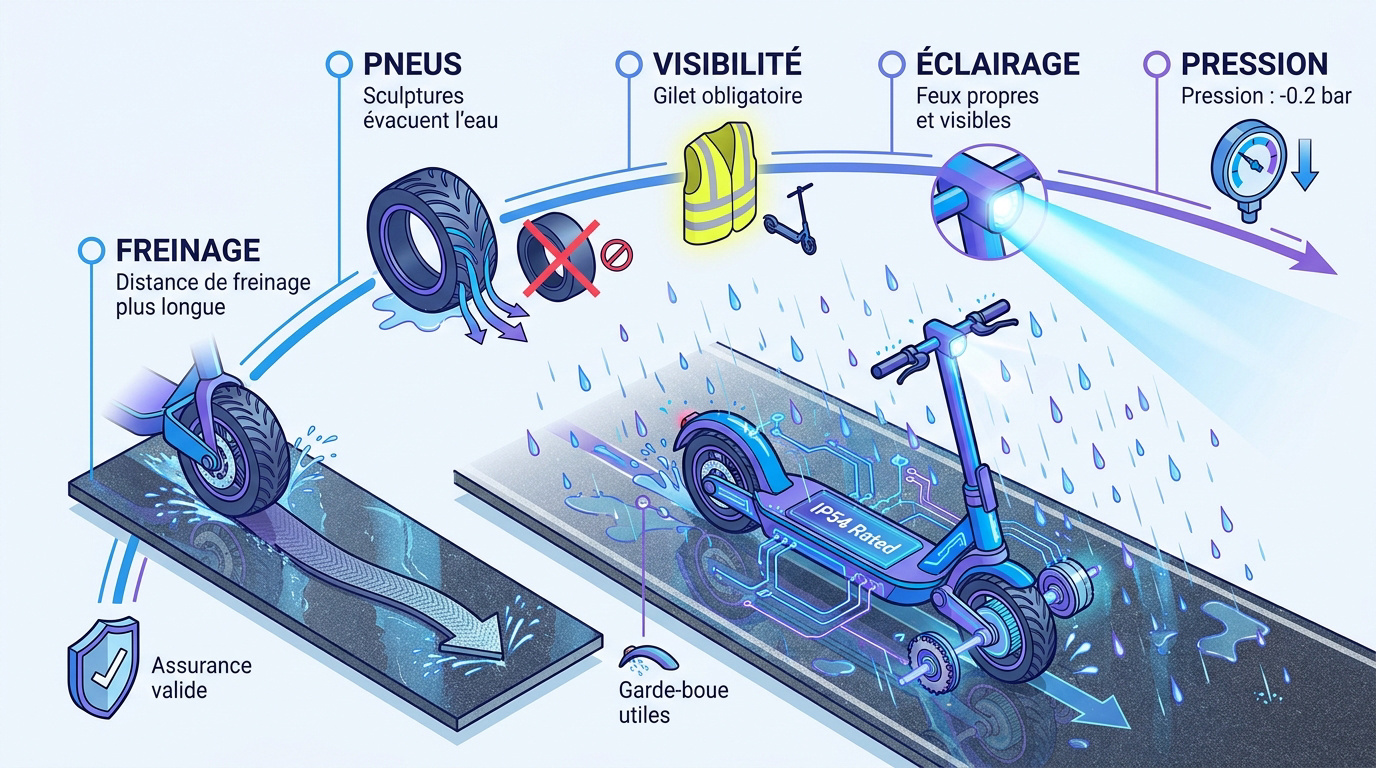 Conducteur de trottinette électrique roulant prudemment sous la pluie avec équipement de sécurité