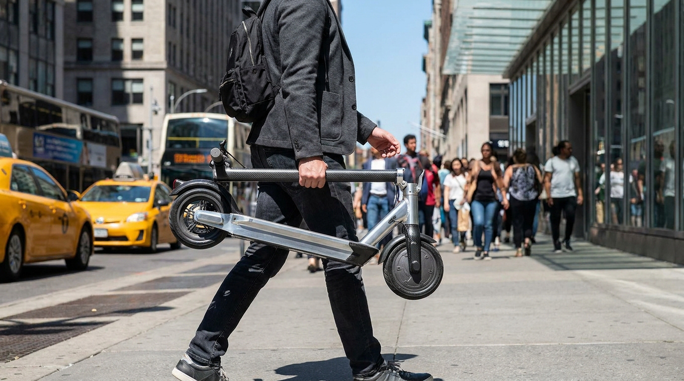 Un homme en ville portant sa trottinette électrique pliable et légère sous le bras en marchant sur un trottoir.