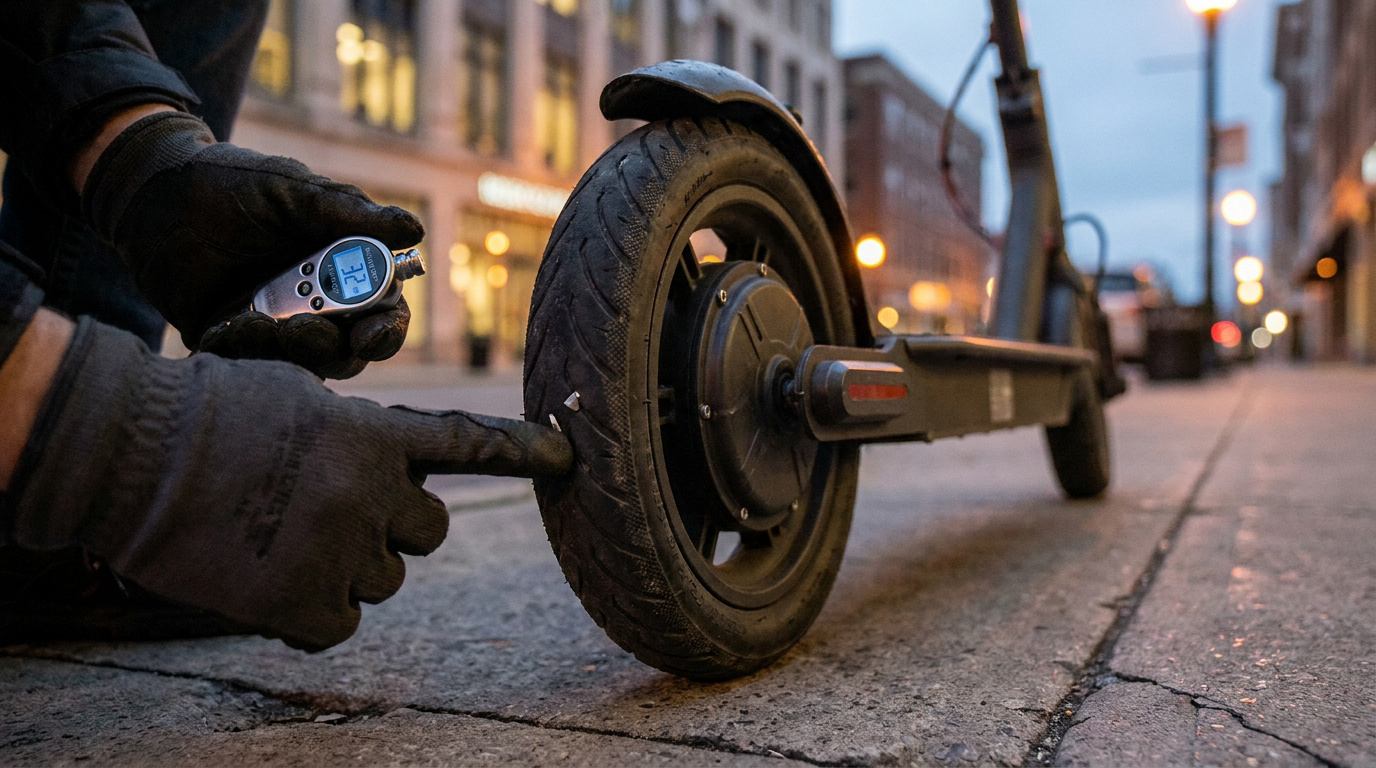 Une personne en gants vérifie une crevaison sur le pneu d'une trottinette électrique avec un manomètre.