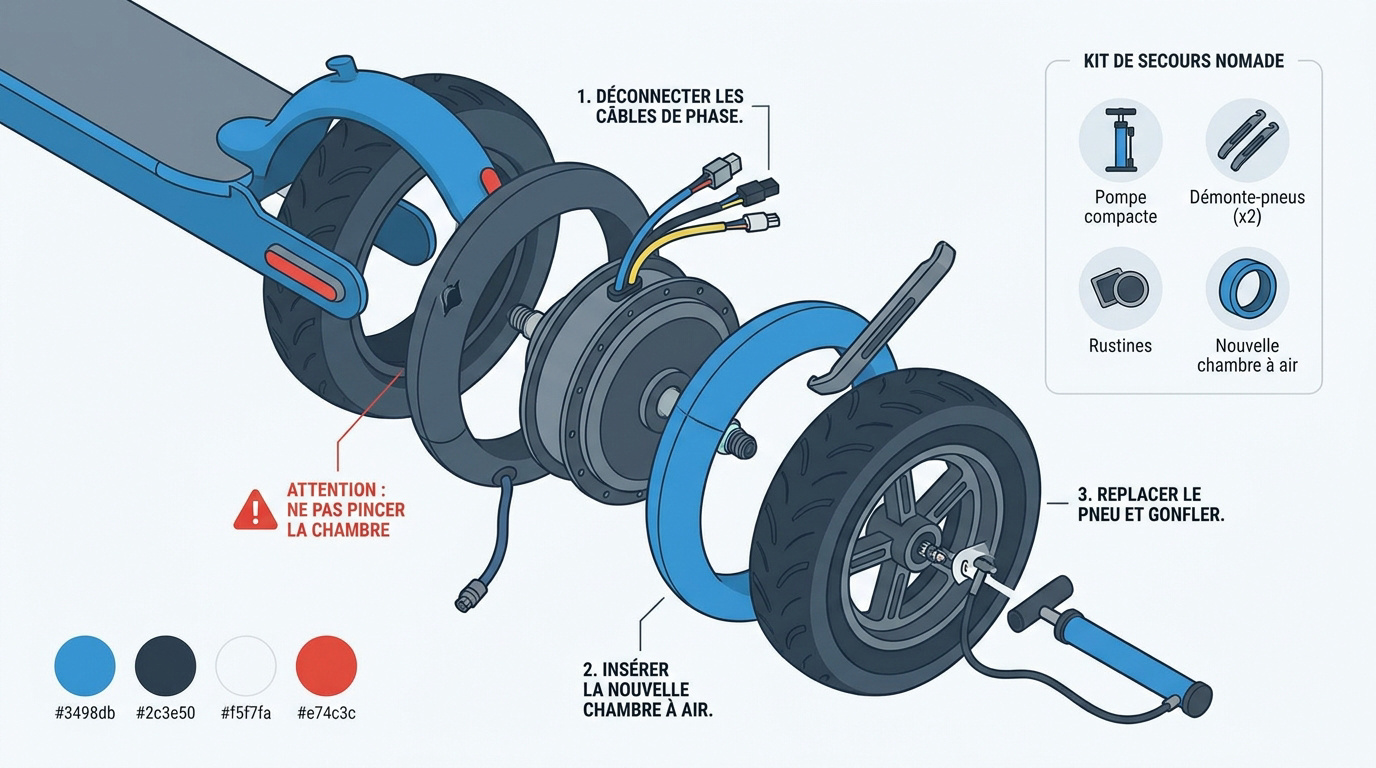 Vue éclatée d'une roue de trottinette électrique pour changement de chambre à air