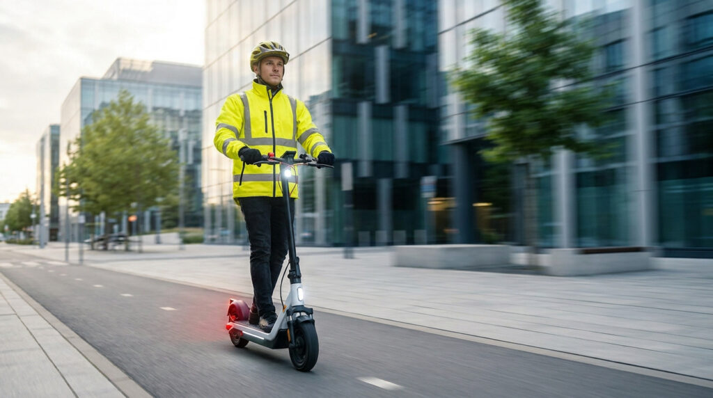 Un homme en casque et veste réfléchissante circulant en ville sur une trottinette électrique moderne.