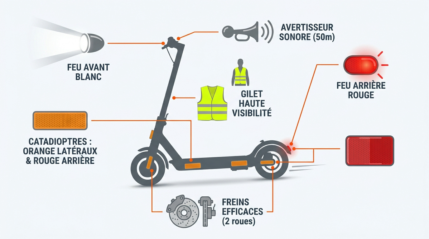 Infographie des équipements de sécurité obligatoires pour trottinette électrique : feux, freins et gilet