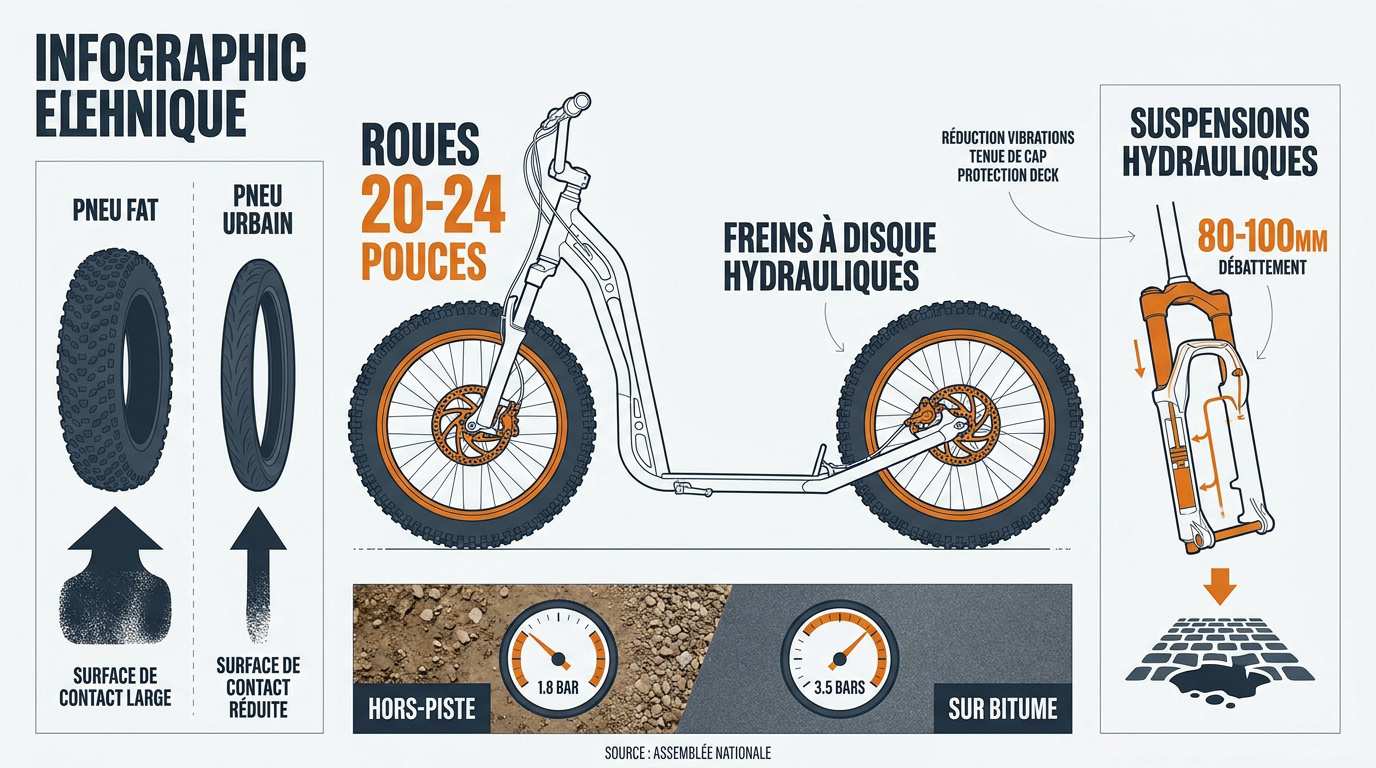 Schéma technique des composants d'une trottinette tout-terrain avec pneus larges et suspensions