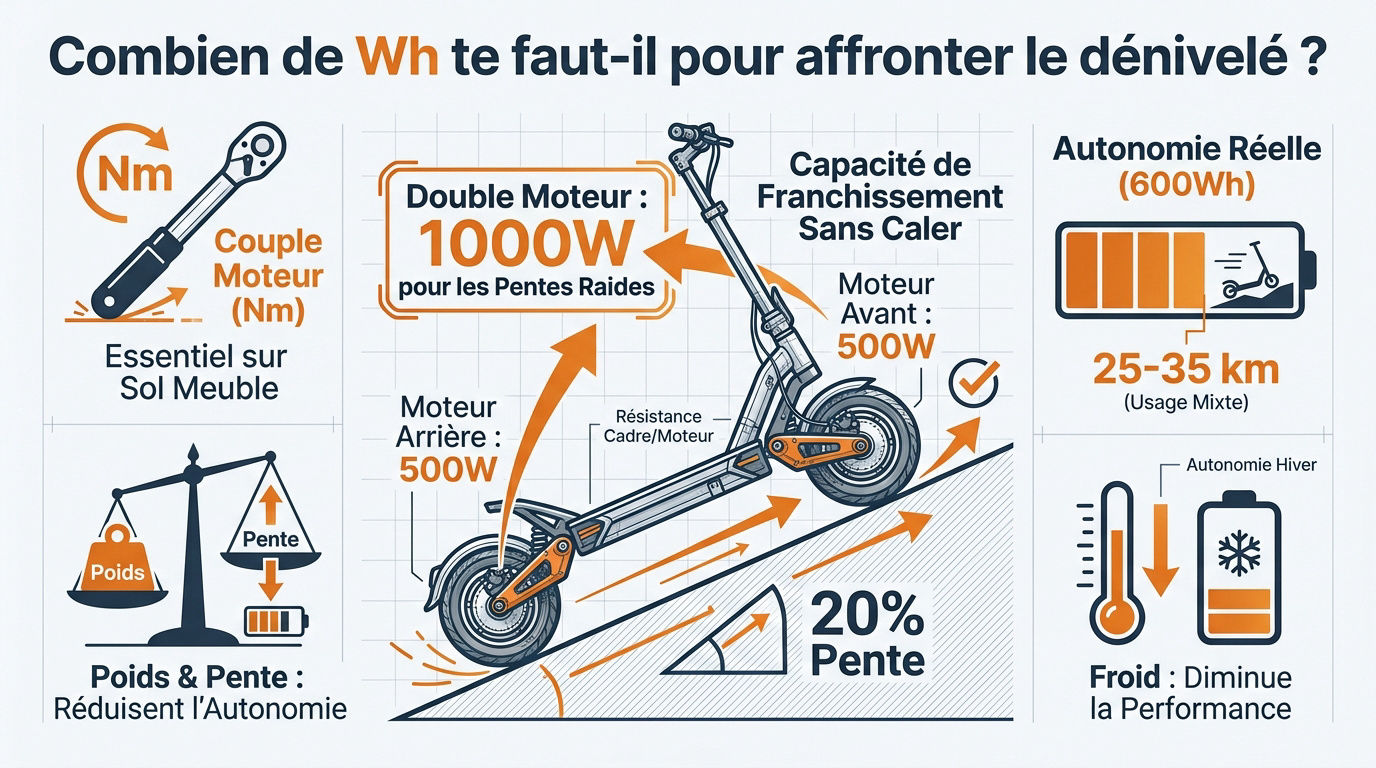 Puissance moteur et autonomie batterie trottinette électrique tout-terrain