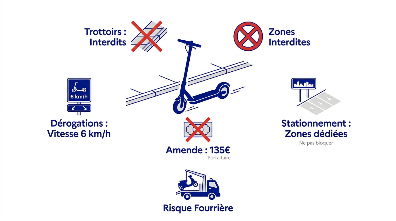 Règles de circulation et stationnement des trottinettes électriques.