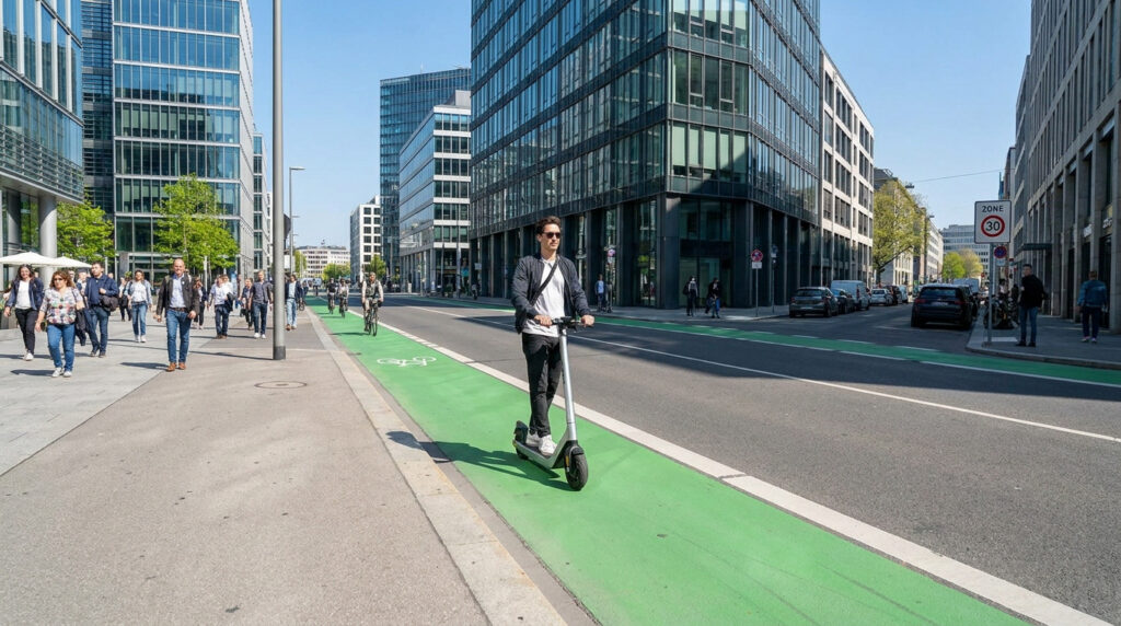 Un homme circule en trottinette électrique sur une piste cyclable verte en ville, entouré d'immeubles modernes.