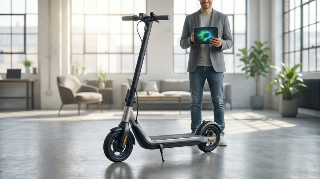Un homme en veste grise tient une tablette numérique à côté d'une trottinette électrique moderne dans un salon lumineux.
