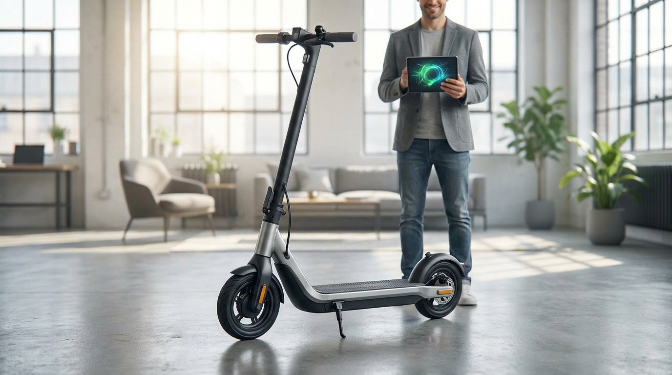 Un homme en veste grise tient une tablette numérique à côté d'une trottinette électrique moderne dans un salon lumineux.