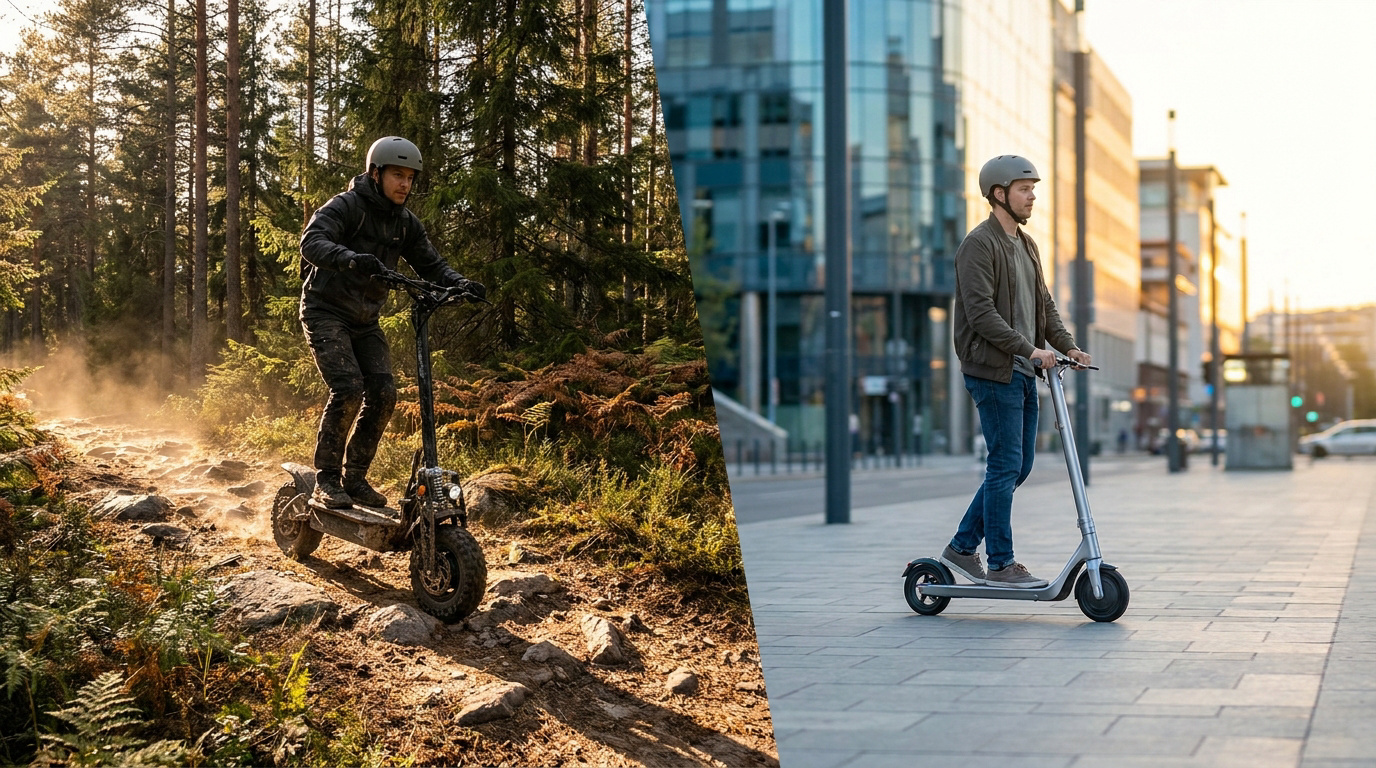 Comparaison entre un homme en trottinette tout-terrain en forêt et un homme en trottinette urbaine sur un trottoir.